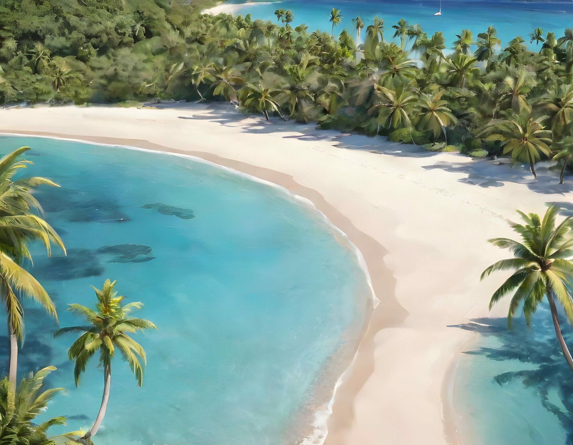 Fine, bright sandy beach on the pure blue sea with palm trees